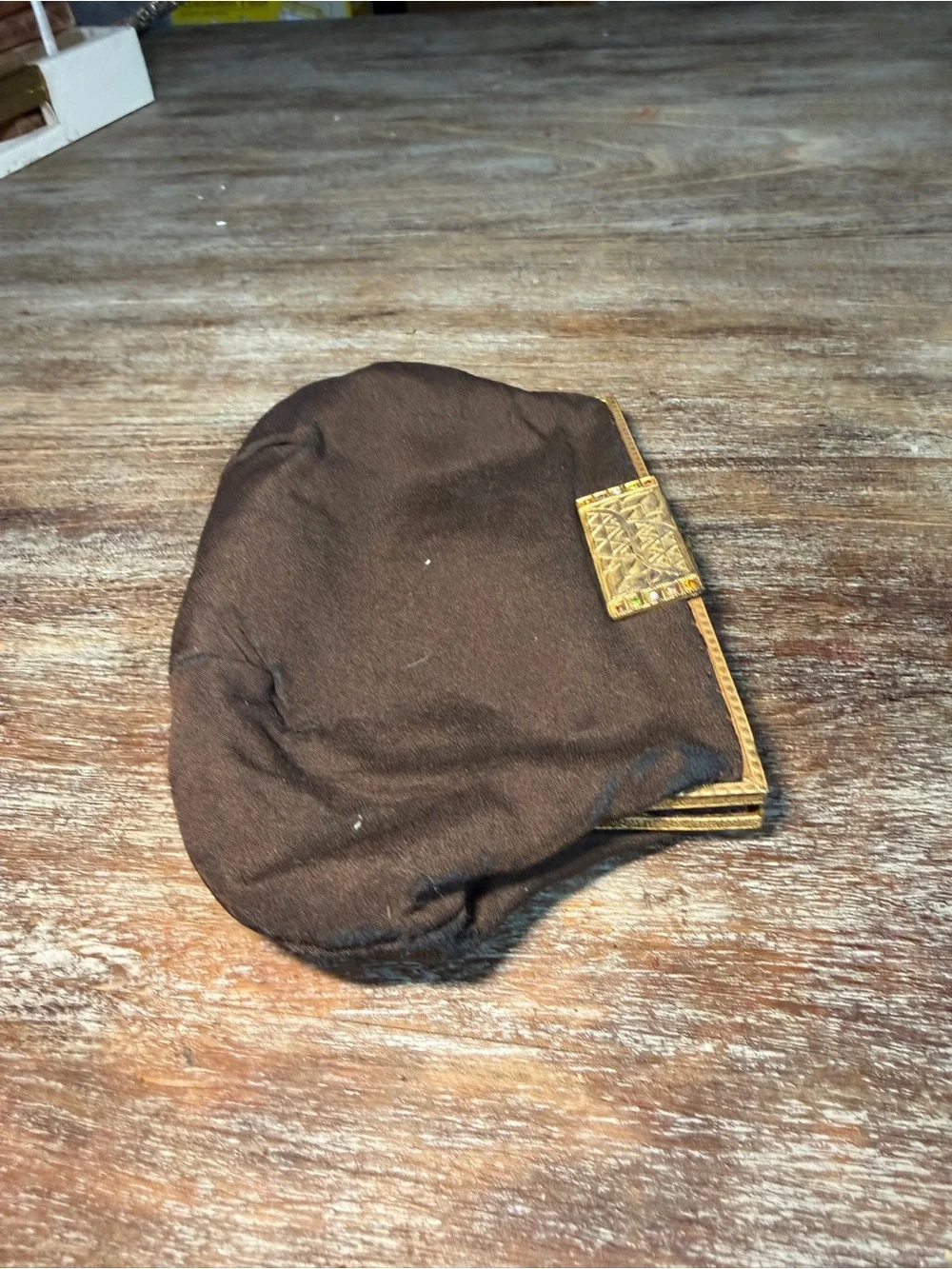 Vintage Brown Satin Evening Clutch Purse Gold Tone Jeweled Frame Art Deco Style